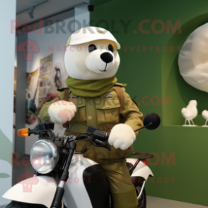 Olive Ermine mascot costume character dressed with a Moto Jacket and Berets