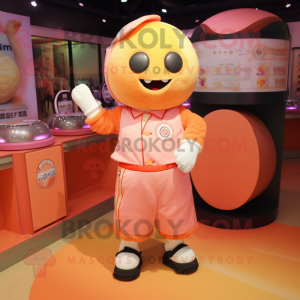 Peach Human Cannon Ball mascot costume character dressed with a T-Shirt and Coin purses