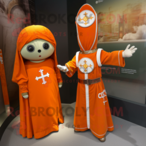 Orange Celtic Cross mascot costume character dressed with a Wrap Dress and Brooches