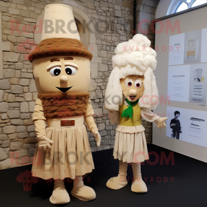 Beige Irish Castle mascot costume character dressed with a Midi Dress and Ties