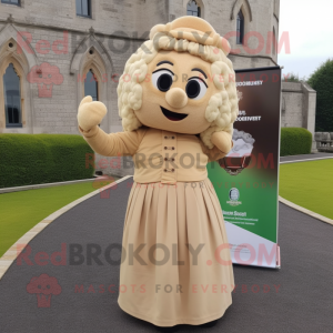 Beige Irish Castle mascot costume character dressed with a Midi Dress and Ties