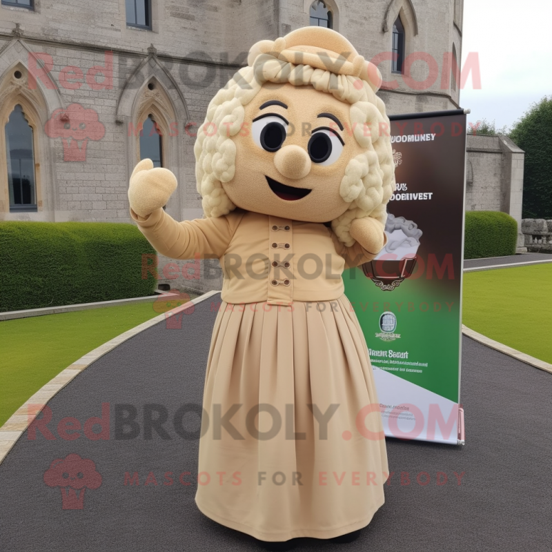 Beige Irish Castle mascot costume character dressed with a Midi Dress and Ties Beige Irish Castle mascot costume character dressed with a Midi Dress and Ties