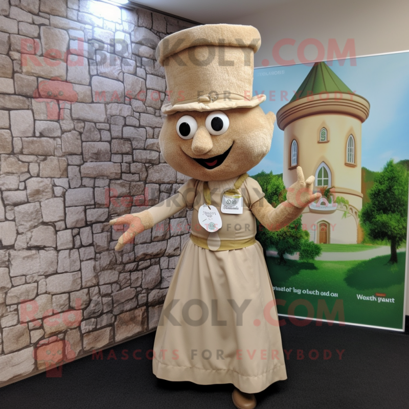 Beige Irish Castle mascot costume character dressed with a Midi Dress and Ties Beige Irish Castle mascot costume character dressed with a Midi Dress and Ties