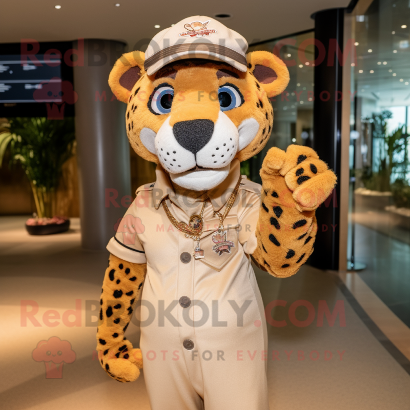 Tan Cheetah mascot costume character dressed with a Polo Tee and Berets