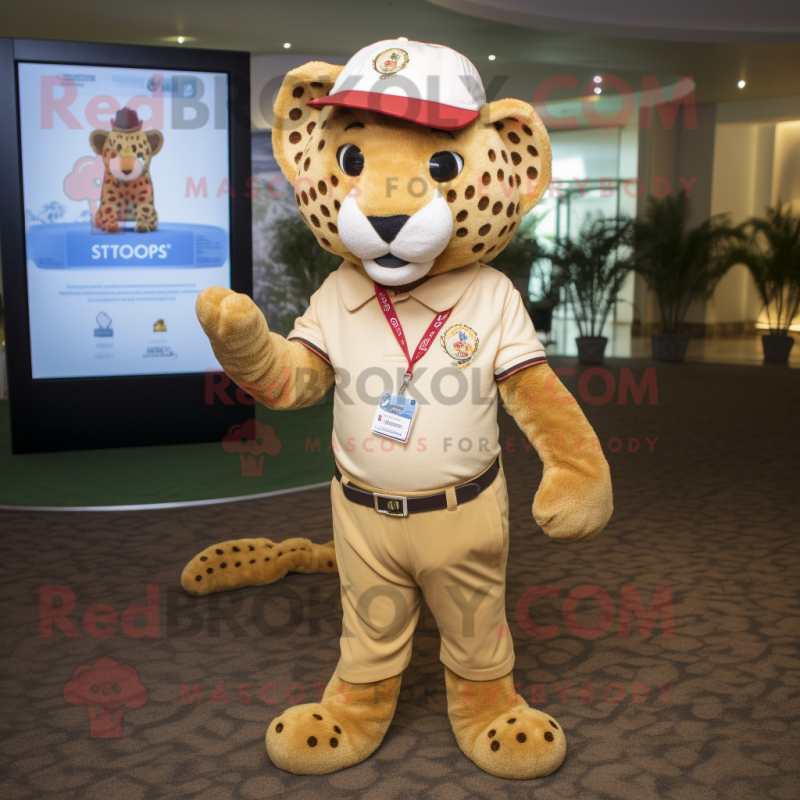 Tan Cheetah mascot costume character dressed with a Polo Tee and Berets