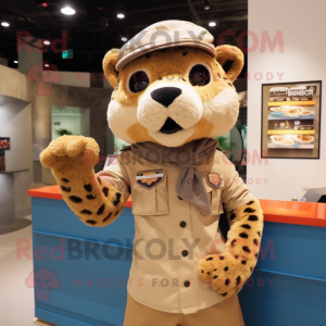 Tan Cheetah mascot costume character dressed with a Polo Tee and Berets