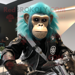 Teal Capuchin Monkey mascot costume character dressed with a Biker Jacket and Shawl pins