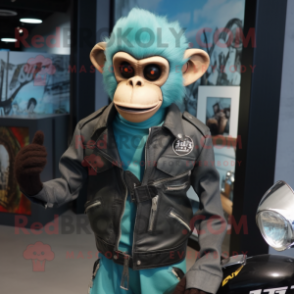 Teal Capuchin Monkey mascot costume character dressed with a Biker Jacket and Shawl pins