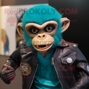 Teal Capuchin Monkey mascot costume character dressed with a Biker Jacket and Shawl pins