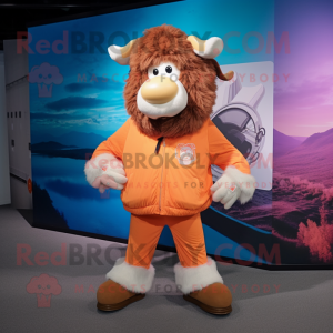 Peach Buffalo mascot costume character dressed with a Windbreaker and Scarf clips