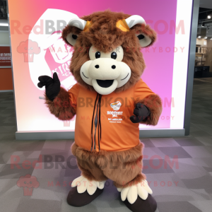 Peach Buffalo mascot costume character dressed with a Windbreaker and Scarf clips