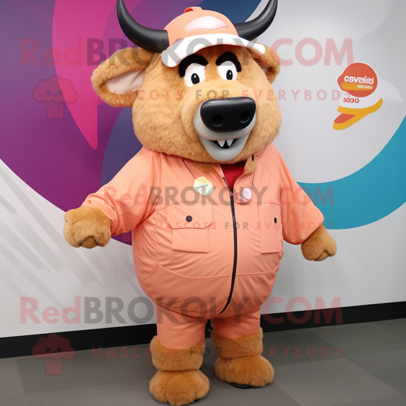 Peach Buffalo mascot costume character dressed with a Windbreaker and Scarf clips Peach Buffalo mascot costume character dressed with a Windbreaker and Scarf clips