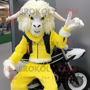 Lemon Yellow Angora Goat mascot costume character dressed with a Moto Jacket and Shoe clips
