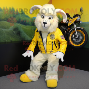 Lemon Yellow Angora Goat mascot costume character dressed with a Moto Jacket and Shoe clips