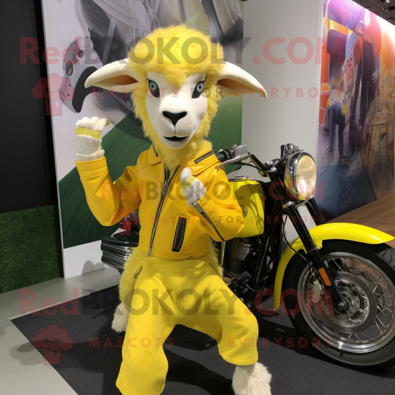 Lemon Yellow Angora Goat mascot costume character dressed with a Moto Jacket and Shoe clips Lemon Yellow Angora Goat mascot costume character dressed with a Moto Jacket and Shoe clips