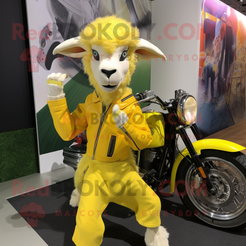 Lemon Yellow Angora Goat mascot costume character dressed with a Moto Jacket and Shoe clips