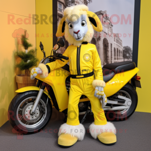 Lemon Yellow Angora Goat mascot costume character dressed with a Moto Jacket and Shoe clips