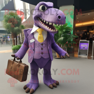 Purple Tyrannosaurus mascot costume character dressed with a Suit Pants and Handbags