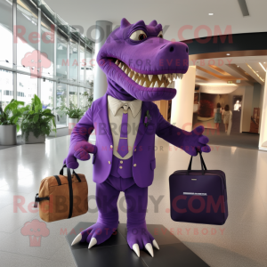 Purple Tyrannosaurus mascot costume character dressed with a Suit Pants and Handbags