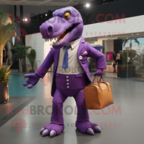 Purple Tyrannosaurus mascot costume character dressed with a Suit Pants and Handbags