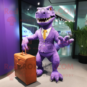 Purple Tyrannosaurus mascot costume character dressed with a Suit Pants and Handbags