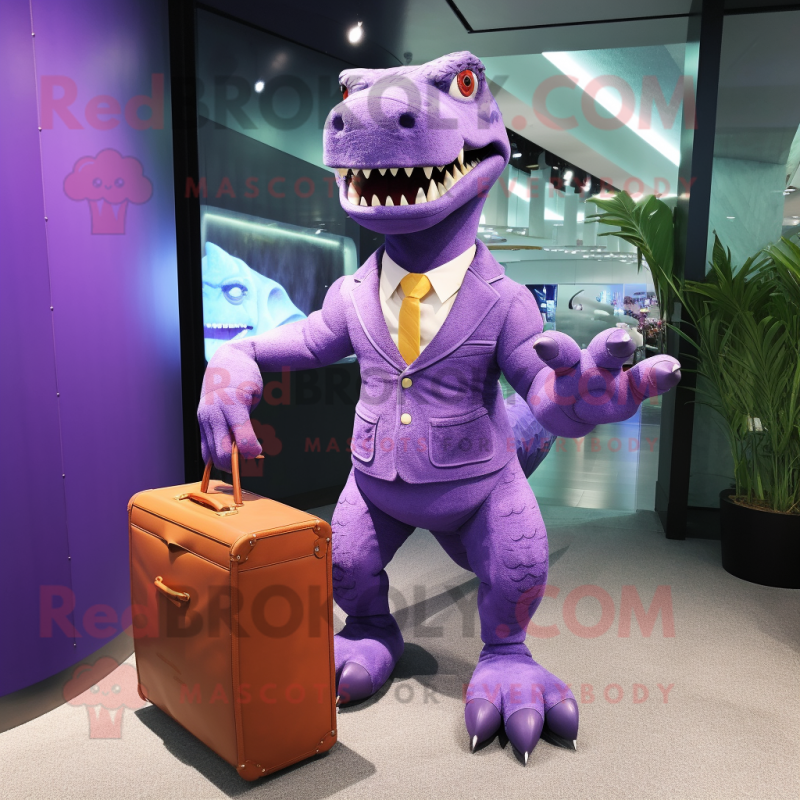 Purple Tyrannosaurus mascot costume character dressed with a Suit Pants and Handbags Purple Tyrannosaurus mascot costume character dressed with a Suit Pants and Handbags
