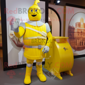 Lemon Yellow Swiss Guard mascot costume character dressed with a Tank Top and Messenger bags