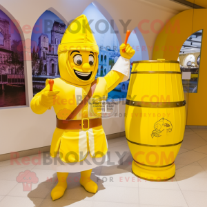 Lemon Yellow Swiss Guard mascot costume character dressed with a Tank Top and Messenger bags