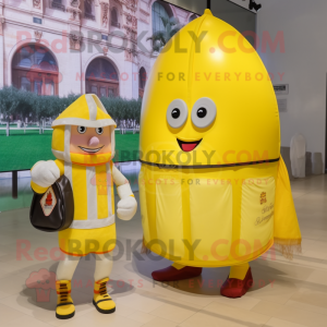 Lemon Yellow Swiss Guard mascot costume character dressed with a Tank Top and Messenger bags