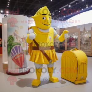 Lemon Yellow Swiss Guard mascot costume character dressed with a Tank Top and Messenger bags
