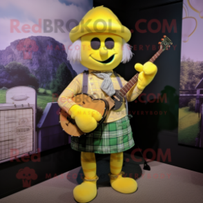 Lemon Yellow Bagpipe mascot costume character dressed with a Jeans and Suspenders
