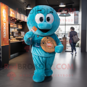 Teal Bagels mascot costume character dressed with a Jacket and Keychains