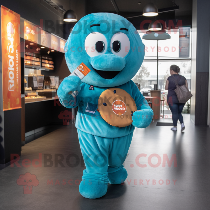 Teal Bagels mascot costume character dressed with a Jacket and Keychains Teal Bagels mascot costume character dressed with a Jacket and Keychains