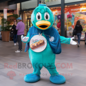 Teal Bagels mascot costume character dressed with a Jacket and Keychains