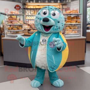 Teal Bagels mascot costume character dressed with a Jacket and Keychains