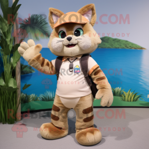 Tan Cat mascot costume character dressed with a Bermuda Shorts and Mittens