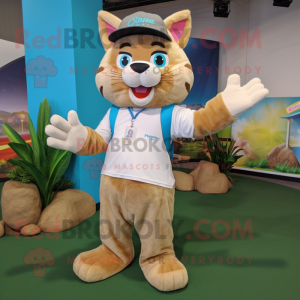 Tan Cat mascot costume character dressed with a Bermuda Shorts and Mittens