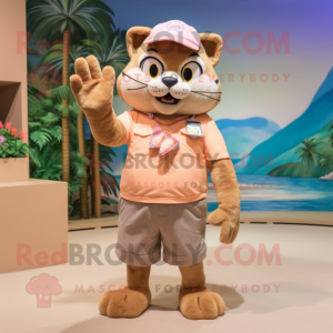 Tan Cat mascot costume character dressed with a Bermuda Shorts and Mittens