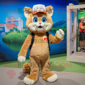 Tan Cat mascot costume character dressed with a Bermuda Shorts and Mittens