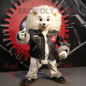 White Hedgehog mascot costume character dressed with a Biker Jacket and Shawl pins