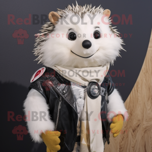 White Hedgehog mascot costume character dressed with a Biker Jacket and Shawl pins