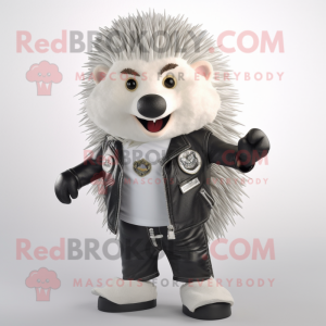 White Hedgehog mascot costume character dressed with a Biker Jacket and Shawl pins