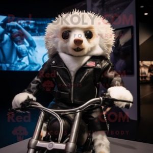 White Hedgehog mascot costume character dressed with a Biker Jacket and Shawl pins