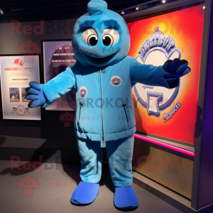 Cyan Jambalaya mascot costume character dressed with a Bomber Jacket and Cummerbunds