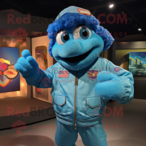 Cyan Jambalaya mascot costume character dressed with a Bomber Jacket and Cummerbunds