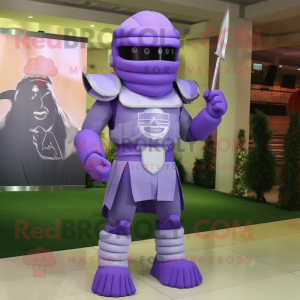 Lavender Spartan Soldier mascot costume character dressed with a Evening Gown and Tie pins