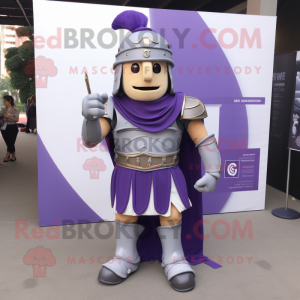 Lavender Spartan Soldier mascot costume character dressed with a Evening Gown and Tie pins