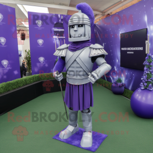 Lavender Spartan Soldier mascot costume character dressed with a Evening Gown and Tie pins