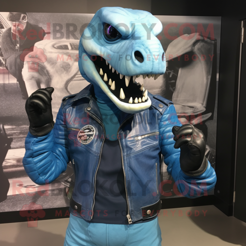 Sky Blue Titanoboa mascot costume character dressed with a Biker Jacket and Lapel pins