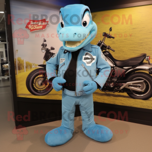 Sky Blue Titanoboa mascot costume character dressed with a Biker Jacket and Lapel pins